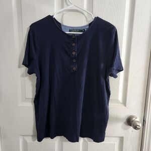 Lauren Ralph Lauren navy cotton tee shirt buttons preppy minimalist women 1x